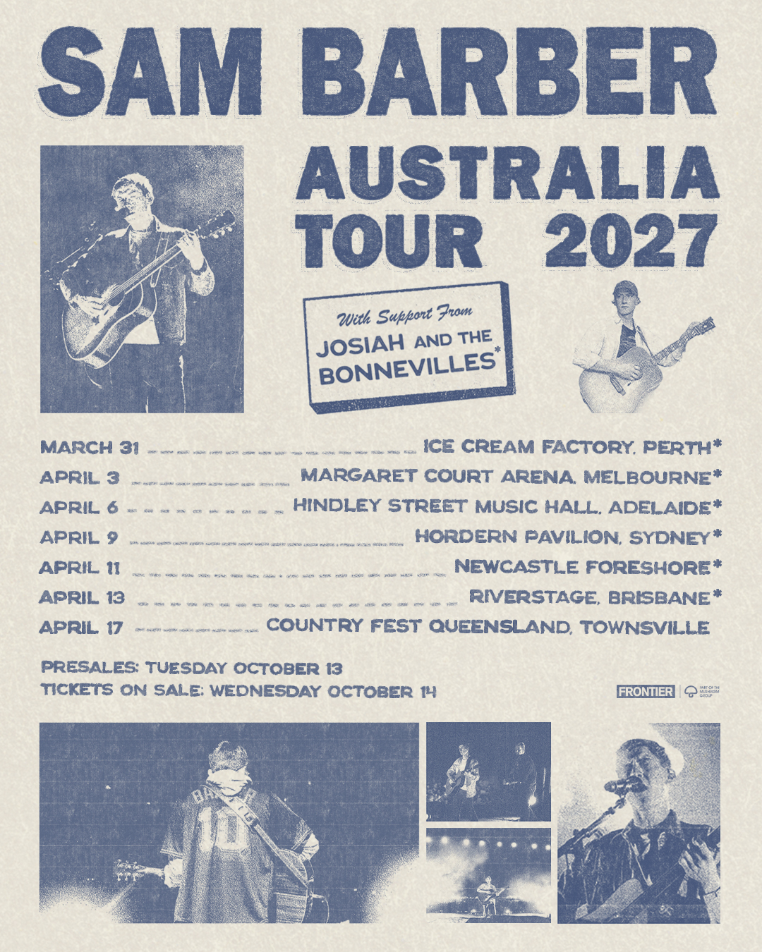 Sam Barber Australia Tour 2027 poster with support from Josiah and The Bonnevilles, featuring performance photos and Australian concert dates.